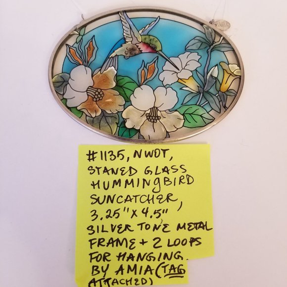 #1135B NWOT Amia Stained Glass Hummingbird Suncatcher in silverstone metal - Picture 2 of 6